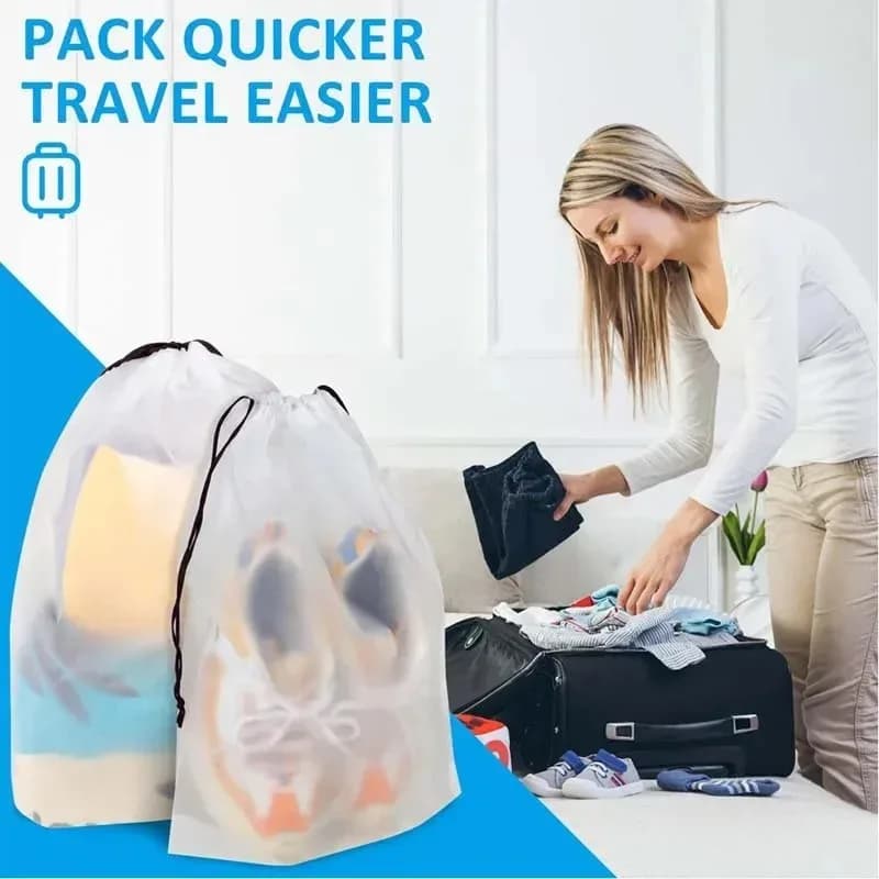 10PC Shoe StorageDrawstring BagsWaterproof Plastic Travel Organizer Pouch for Clothes SundriesLargeClearPortable Laundry Bag