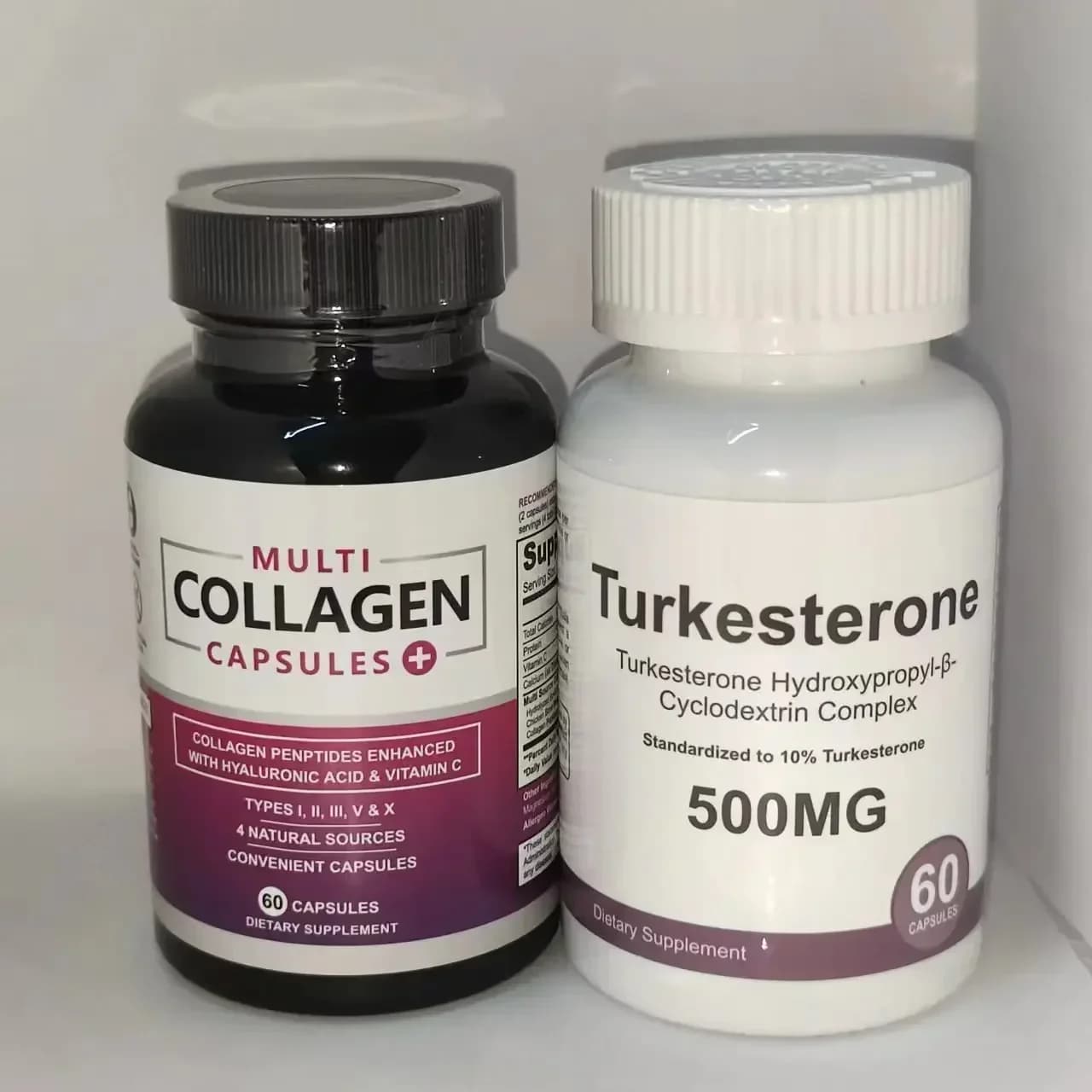 2 bottiglie di peptidi di collagene di acido ialuronico e vitamina C + capsule di Turkesterone da 500 mg per alimenti salutari