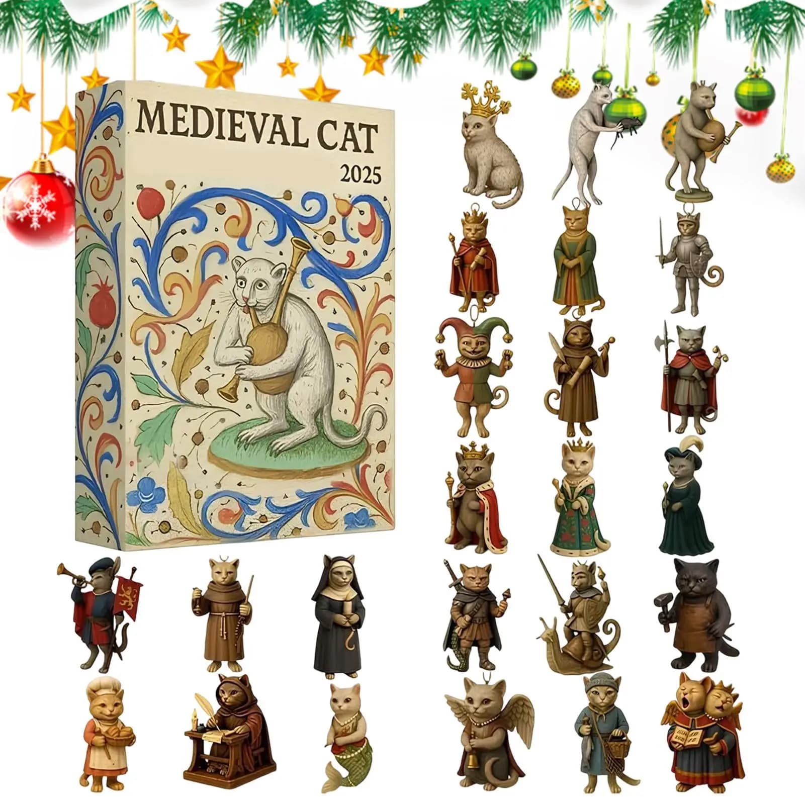 Calendario dell'Avvento gatto 2D Albero di Natale appeso Ciondolo gatto 2D Regalo di Natale Calendario per il conto alla rovescia di Natale di 24 giorni Regalo di Natale