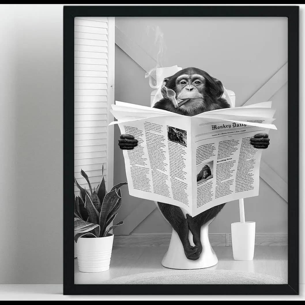 Biufo Scimmia sulla toilette con cornice su tela Stampa artistica da parete Divertente animale Poster Decor per camera da letto Bagno x