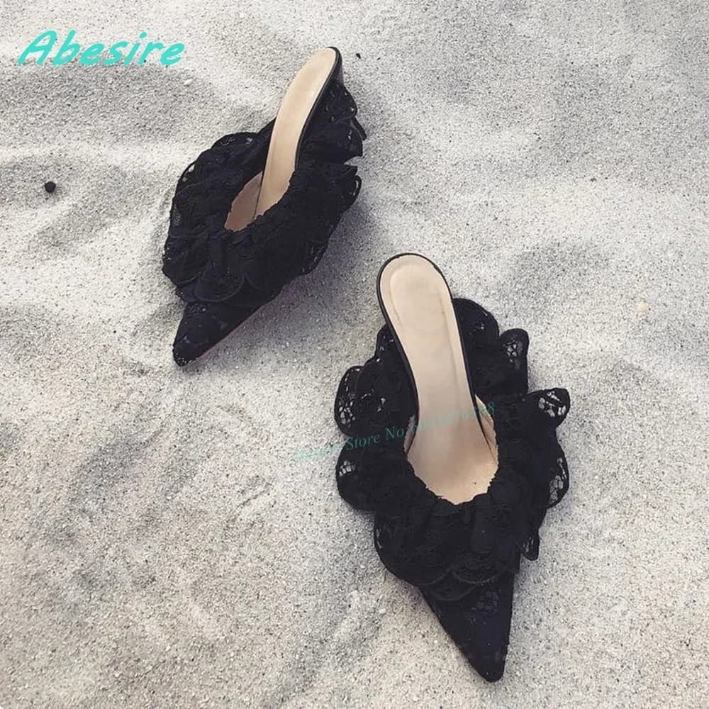 Ruffle Patchwork Outside Mule Slippers Slip On Pointed Toe Thin Heels Shoes for Women Y2K Spicy Girls Party Fashion Shoes