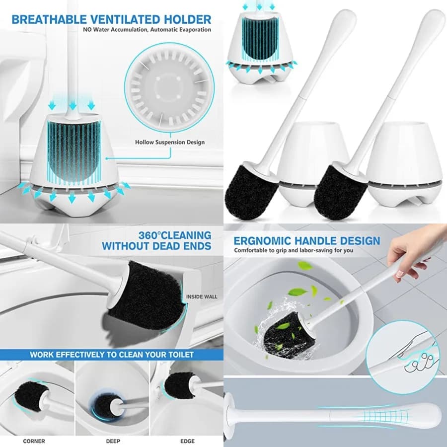 Set di 2 Spazzole per WC con Supporto Ventilato, Spazzola per WC con Manico Lungo e Grande per Pulizia del Bagno, Setole Confortevoli