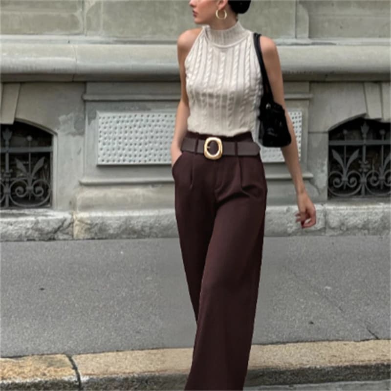 Slimming wide leg pants high waist brown retro autumn fashion 2025 with golden circular belt