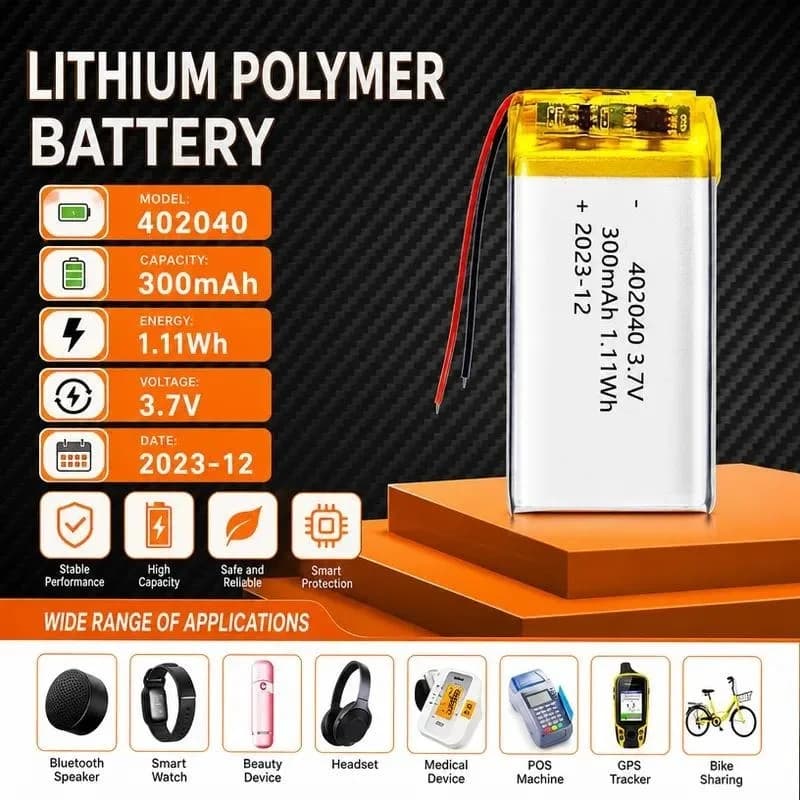 100pcs for 402040 Polymer Lithium Battery 300mAh 3.7V Cell for Car Sprayer LED Digital Photo Frame Rechargeable Li-ion Battery