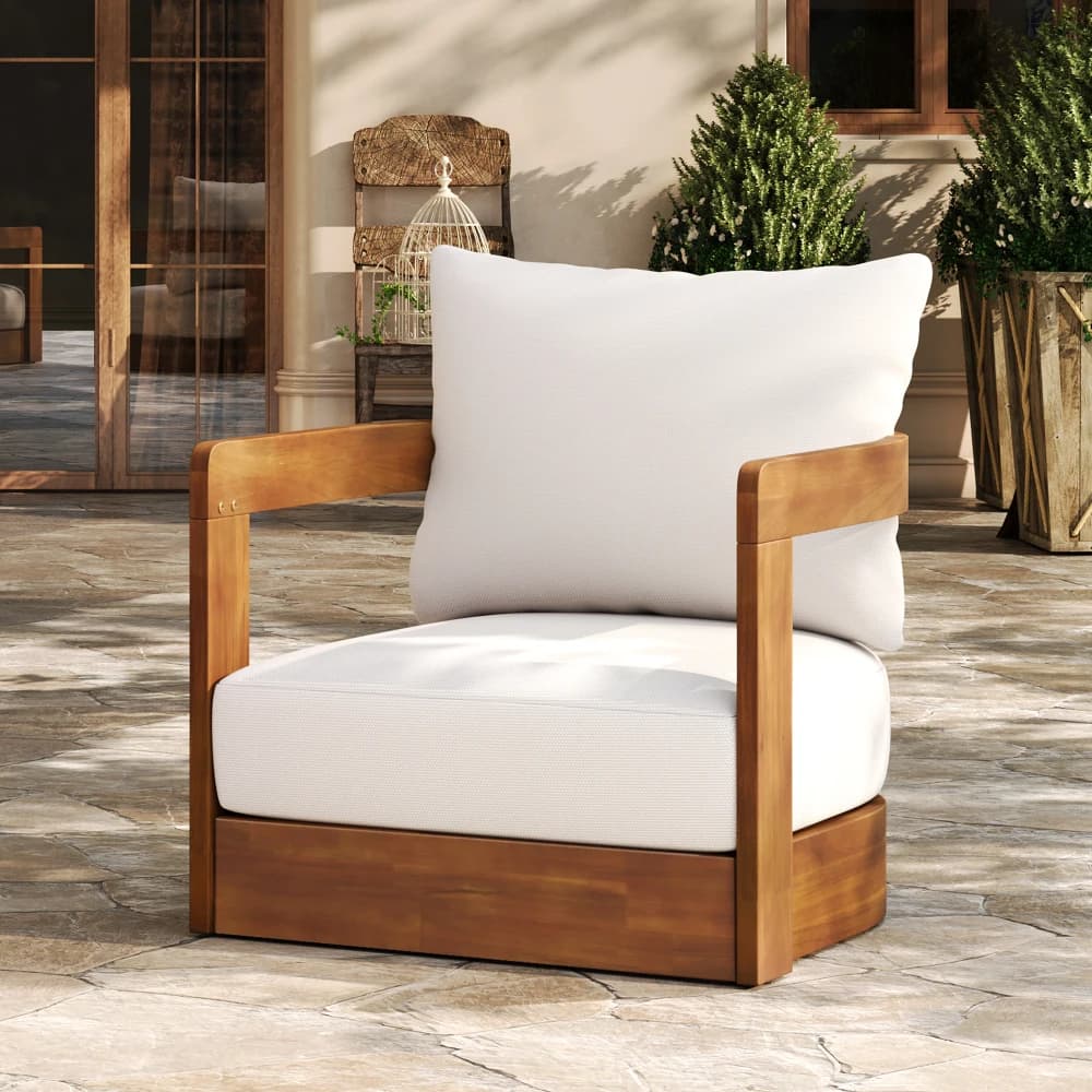 Poltrona da Esterno Premium in Legno di Acacia, Design Curvo a Vasca, Cuscini Resistenti all'Acqua, Struttura a Doghe per Tutte le Condizioni Atmosferiche