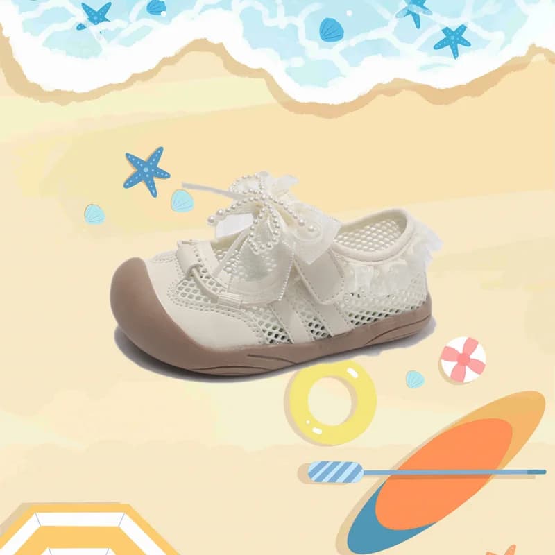 Sandali estivi in rete per ragazze, con fiocco in pizzo, morbidi, da principessa, per bambine, scarpe casual piatte per neonati e bambini, per esterni