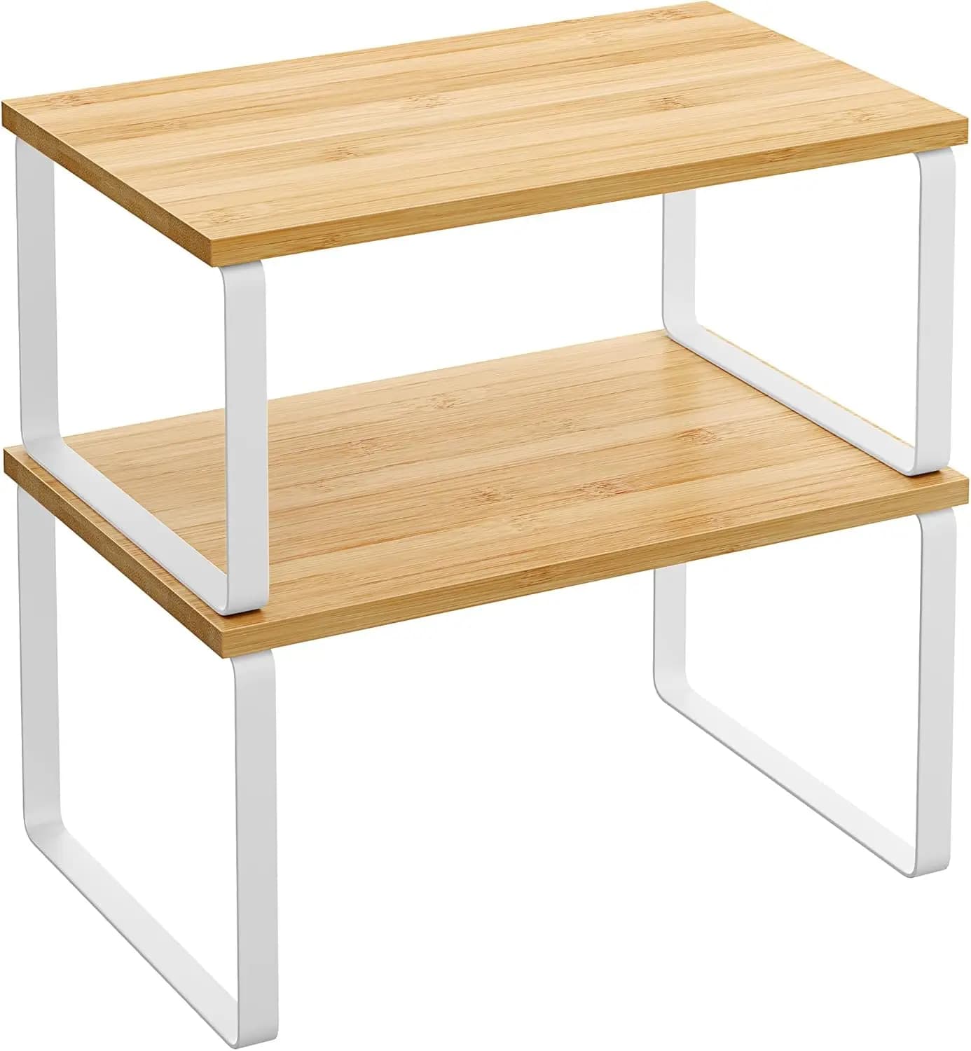 Set di 2 Scaffali da Cucina Impilabili ed Espandibili, Organizzatore da Bancone in Metallo e Legno per Spezie e Stoccaggio, Bianco Nuvola e Beige Naturale