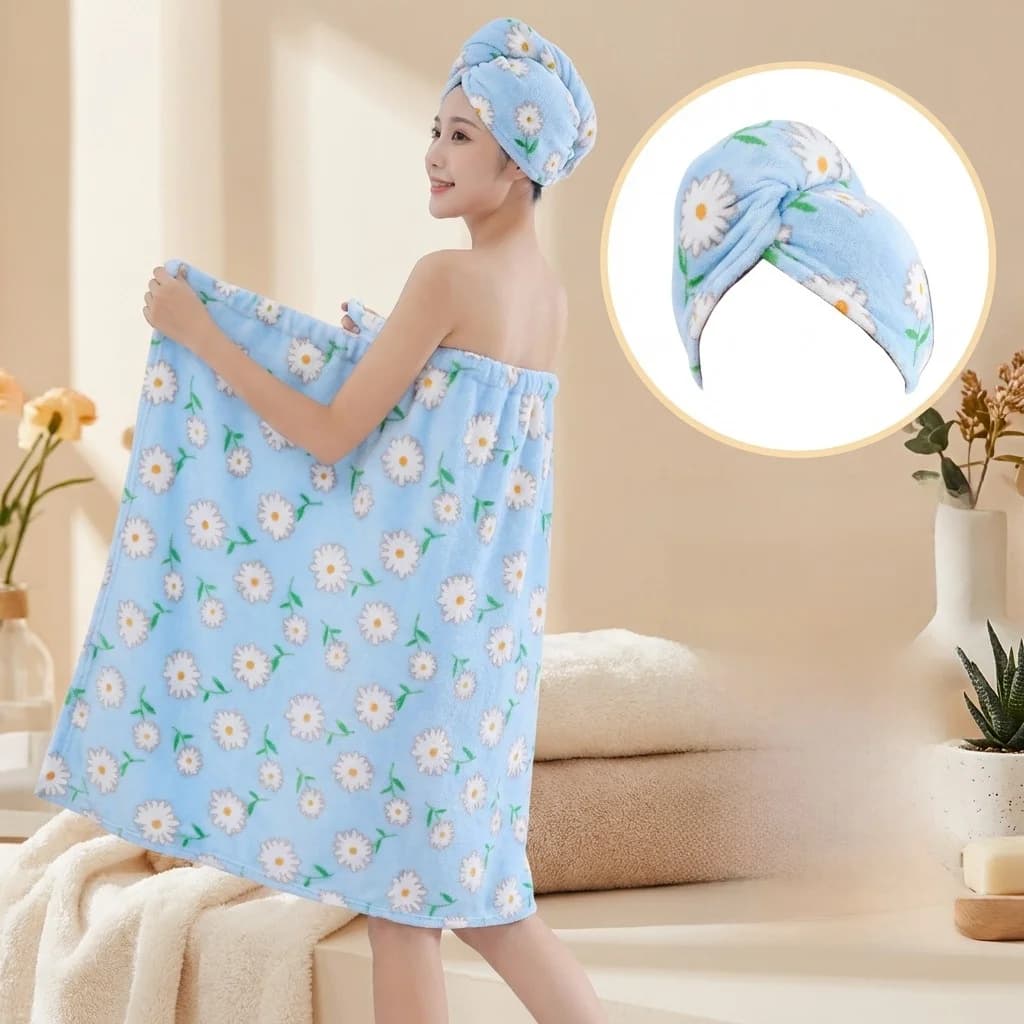 Accappatoio da donna in spugna sottile stile avvolgente, asciugatura rapida, assorbente per tutto il corpo, con cappello per asciugare i capelli, set due pezzi, tessili per la casa