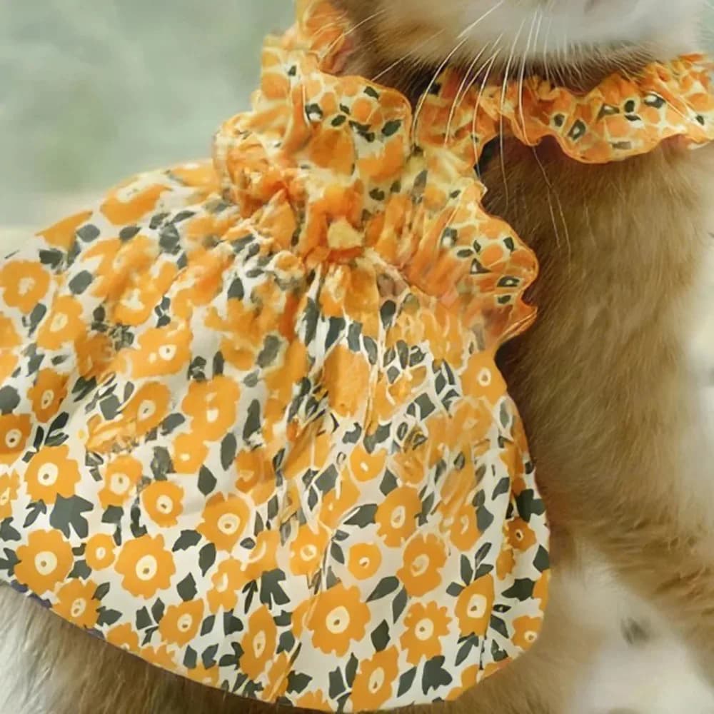 Pigiama Morbido e Traspirante per Gatti, Vestito con Fiori Arancioni e Fiocco, Costume Elastico per Gattini, Accessori Carini per Animali Domestici per l'Estate