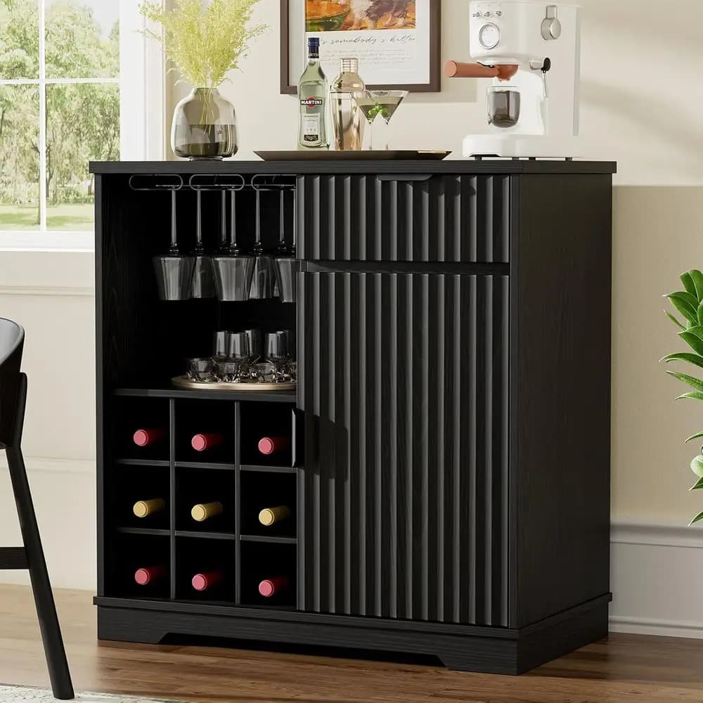 Mobiletto per Vini e Liquori con Portabicchieri, Vano Portaoggetti e Portabottiglie per Bar Domestico, Soggiorno, Cucina, Sala da Pranzo in Nero