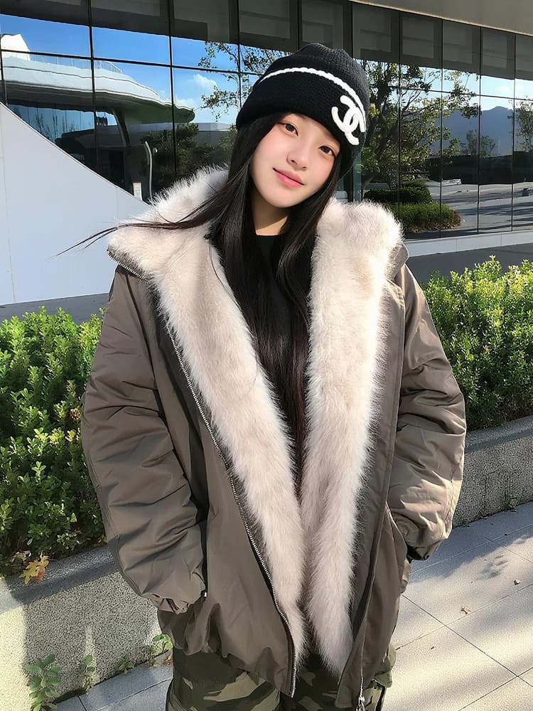 Nuovo Stile Invernale: Giacca in Cotone da Donna con Collo in Pelliccia, Patchwork, Antivento, Calda, Stile Dolce, Taglio Dritto, Maniche Lunghe