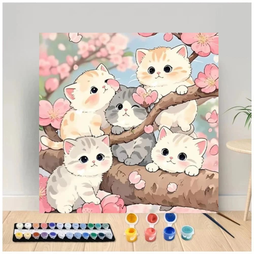 Cute Cats On Cherry Blossom Tree Oil Painting By Numbers Home Decor Canvas Art Wall Decor for Living Room Handmade Gift Unframed