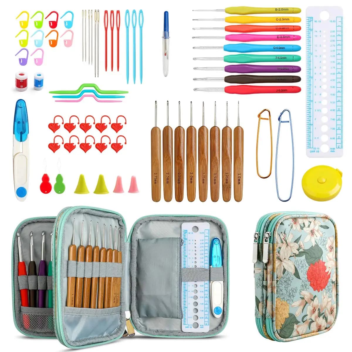 Kit di uncinetti con borsa Set di uncinetti ergonomici Kit di filati per tessitura Strumento artigianale per maglieria a mano fai-da-te per principianti