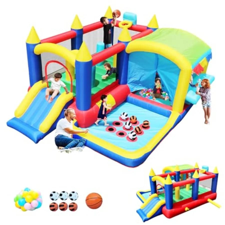 Bestsun Inflatable Castle with Slide, Basketball Basket, Ball Pool, Families, Garden, With Blower 520W 0.7HP Included