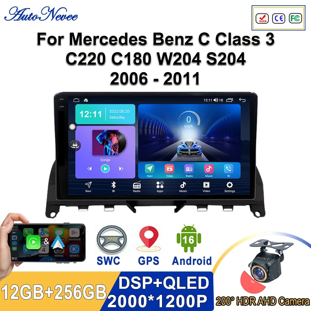 Autoradio Multimediale Android 16 con Schermo 2K Incell per Mercedes Benz Classe C 3 C220 C180 W204 S204 2006-2011, Plug and Play, con Dash Cam