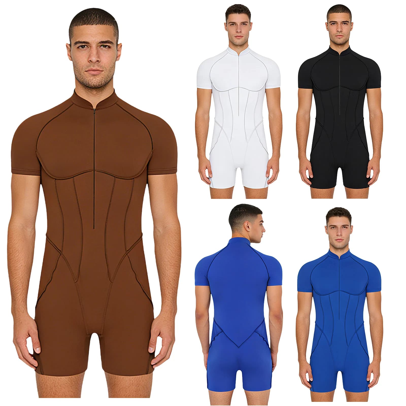 Tuta intera da uomo per yoga e allenamento, con collo a lupetto, cerniera frontale, maniche corte e pantaloncini, ideale per bodybuilding, ciclismo e nuoto