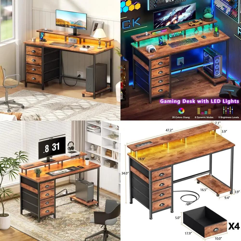 Scrivania rustico marrone 47 con 4 cassetti, supporto per monitor, luci a LED e prese di corrente per ufficio domestico e giochi in piccoli spazi