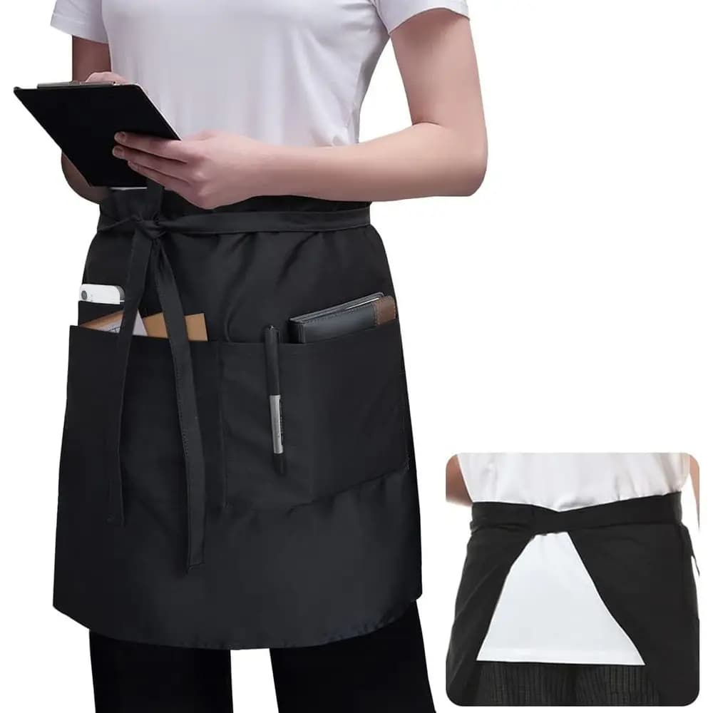 Server Apron Black with 3 Pockets 18 Inch Long Waiter WaitrBistro Hal Waist Aprons Waterproof
