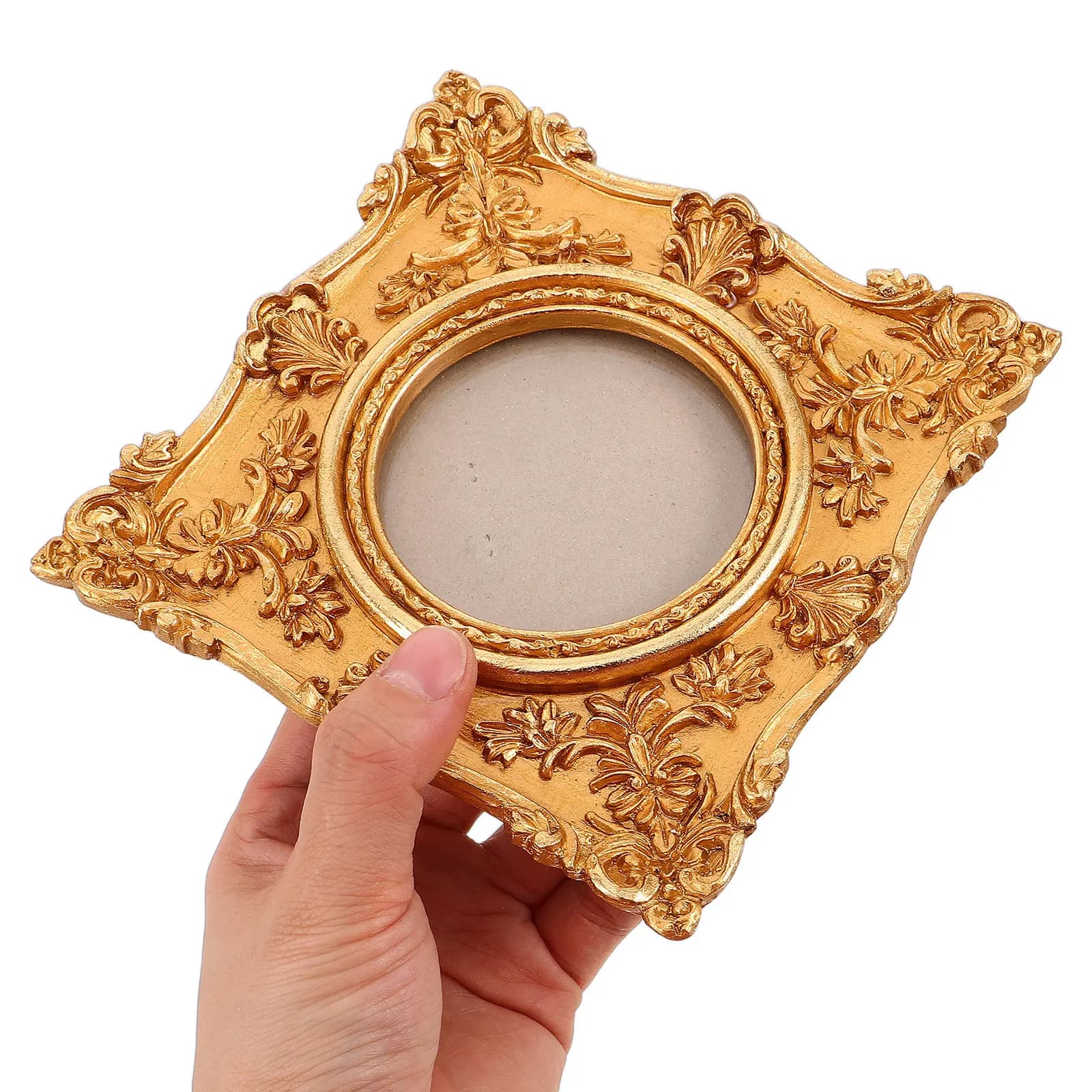 Gold Resin Embossed Picture Frame 5.35 Inch Wall Mounted Hanging Vintage Style Small Photo Frame for Home Office Interior Wall
