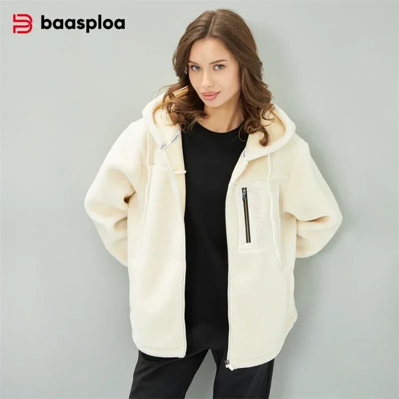 Baasploa Nuove Felpe con Cappuccio in Lana d'Agnello per Donne, Moda Autunnale, Tinta Unita, Manica Lunga, Giacca Femminile Casual con Zip, Felpa con Cappuccio Ampia