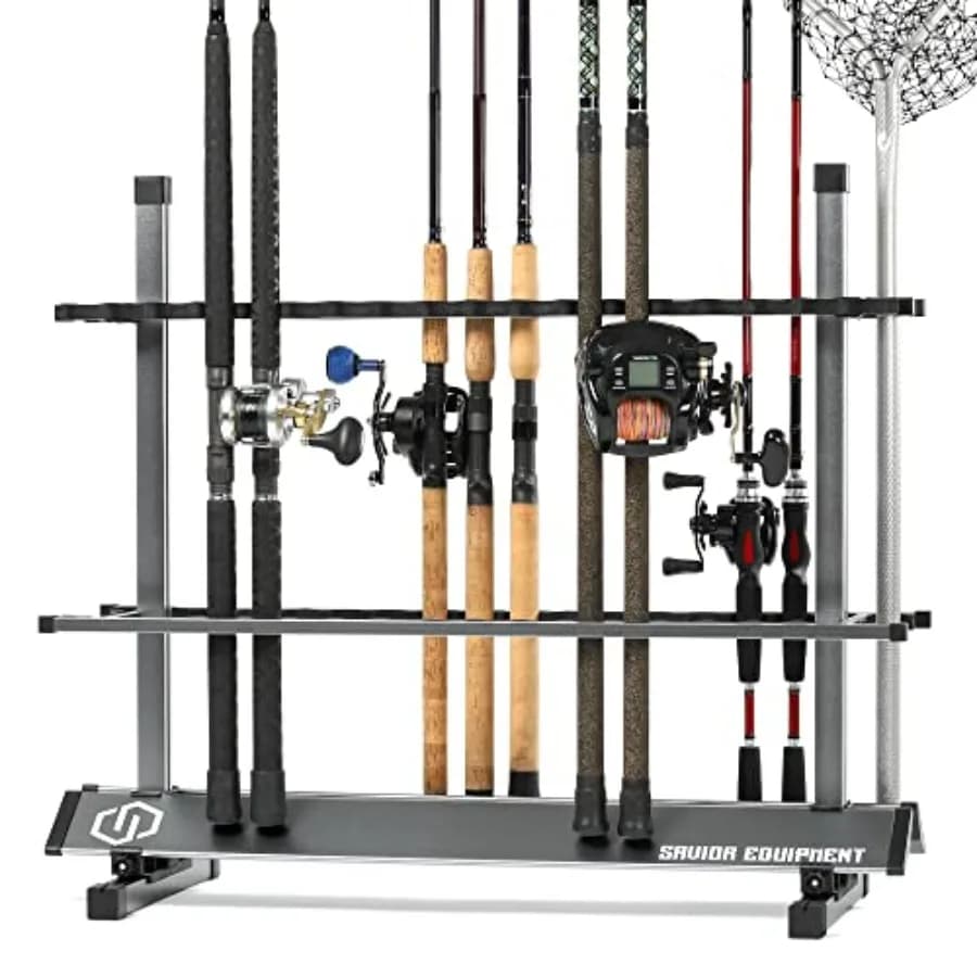 Portacanne da Pesca, Organizzatore con 24-48 Scomparti per Canne da Spinning e Mulinelli per Acqua Dolce e Salata, Leggero in Alluminio Verticale