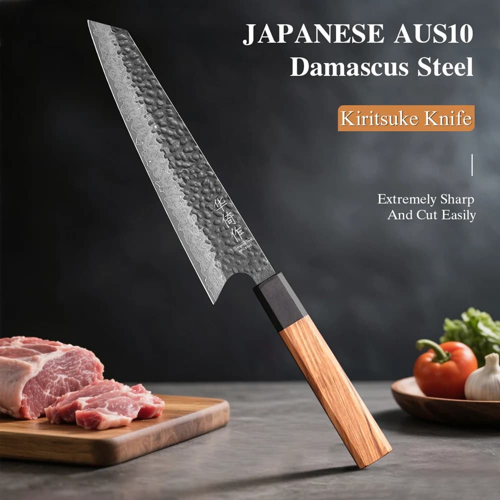 Coltello da Chef Giapponese Kiritsuke da 8 Pollici, Acciaio Damasco a 67 Strati Forgiato a Mano, Coltelli da Cucina Affilati per Carne e Verdure, Utensili da Cucina Domestici