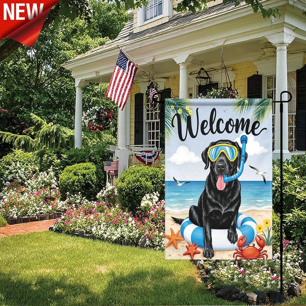 1 Pezzo, Bandiera da Giardino Nera con Labrador, Bandiera Decorativa Estiva a Tema Costiero, Simpatico Cane con Snorkel e Anello da Nuoto, Bandiera Decorativa per Esterni, Banner da Giardino Bifacciale a Tema Tropicale e Vacanza al Mare per Patio, Prato, Portico, Esterni