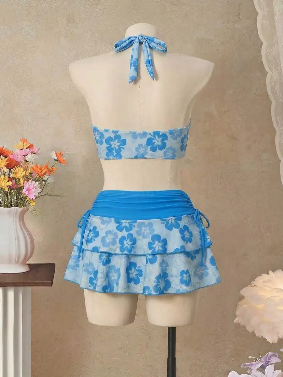 Top bikini blu floreale con scollo all'americana e gonna abbinata, set 3 pezzi, costume da bagno da donna