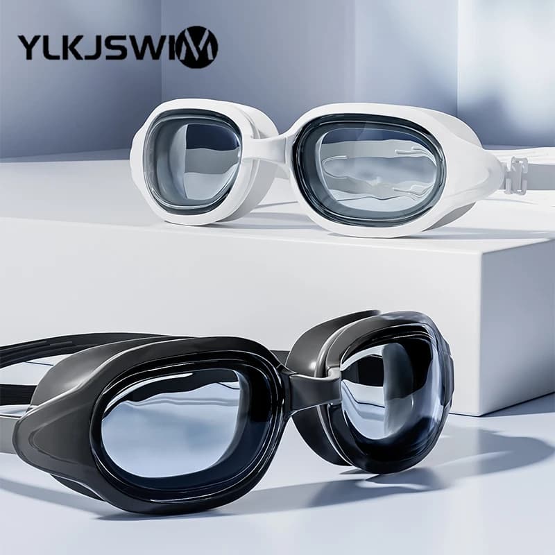A set of anti-fog swim glasses with large frame + YLKJSIWM silicone swim cap. Swimming goggles are anti-UV,