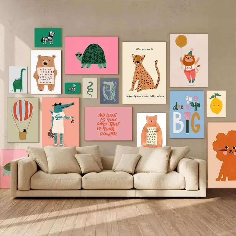 Zebra Lion Turtle Alphabet Trendy Cute Animals Cartoon Poster Gallery Wall Living Room Bedroom Decoration Canvas Wall Art