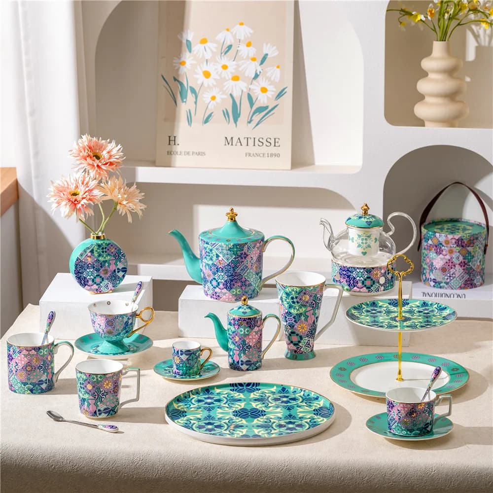 Morocco Floral Bone China Coffee Cup Set, Household Afternoon Tea Ware, Complete Water Kettle Combo