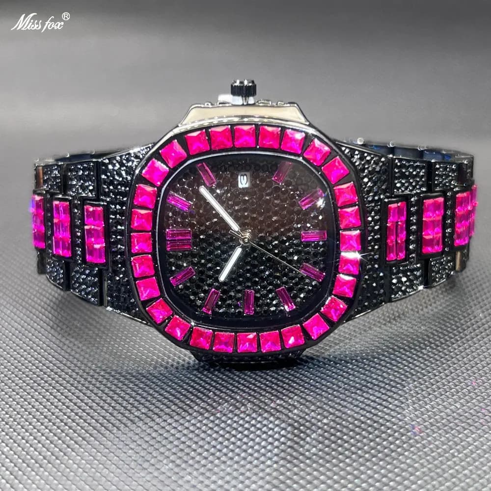 MISSFOX Orologio di Lusso da Uomo con Diamanti Rosa, Stile Hip Hop, al Quarzo, Impermeabile, Quadrante Quadrato, Nuovo 2026