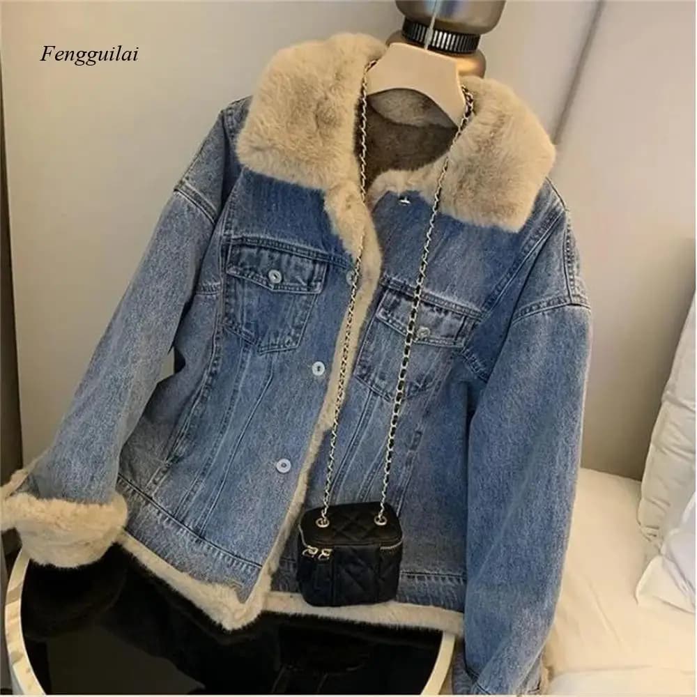 Nuovi Cappotti Invernali in Denim Felpati e Spessi da Donna, Giacca Casual Calda con Collo in Pelliccia e Velluto, Abbigliamento Femminile