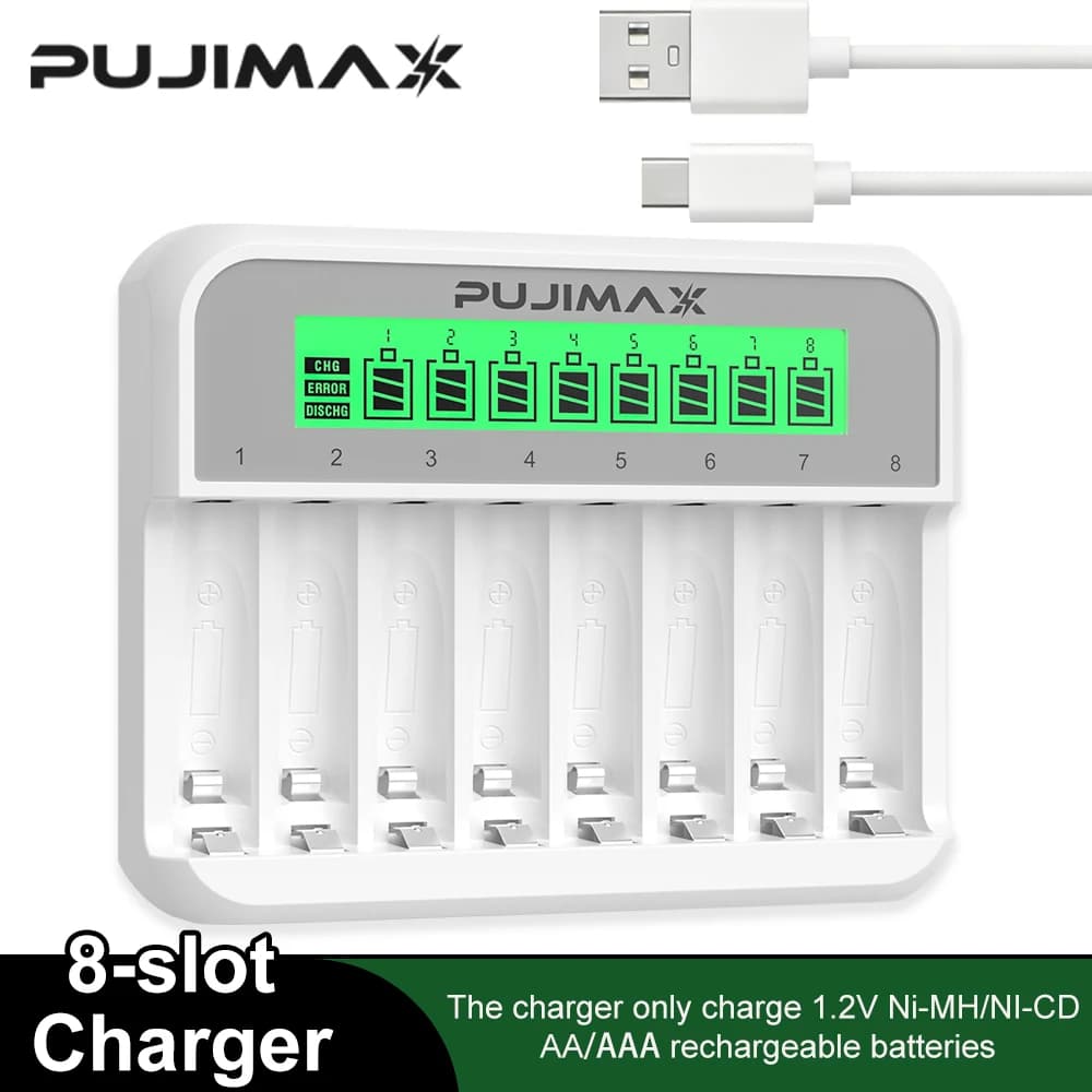 PUJIAMX Caricabatterie NI-MH ricaricabile AA/AAA da 1,2 V Display LCD Adattatore portatile Interfaccia caricabatterie di tipo C Strumento di ricarica rapida