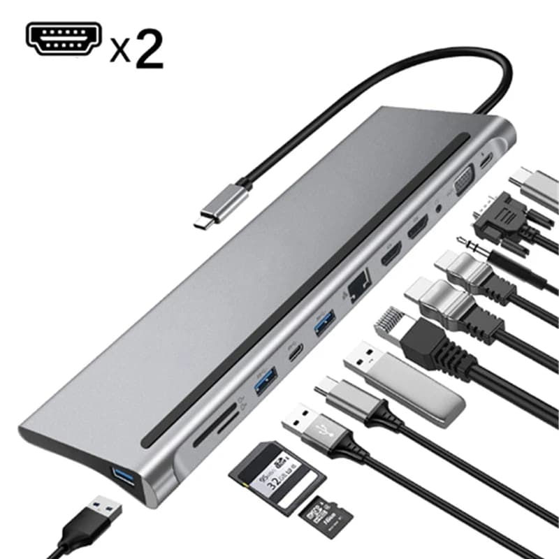 USB Hub Type C 12-in-1 with Docking Station, Double HDMI 4K, RJ45, PD, USB3.0, 2.0, Charging, VGA, Jack Audio 3.5mm, Adapter