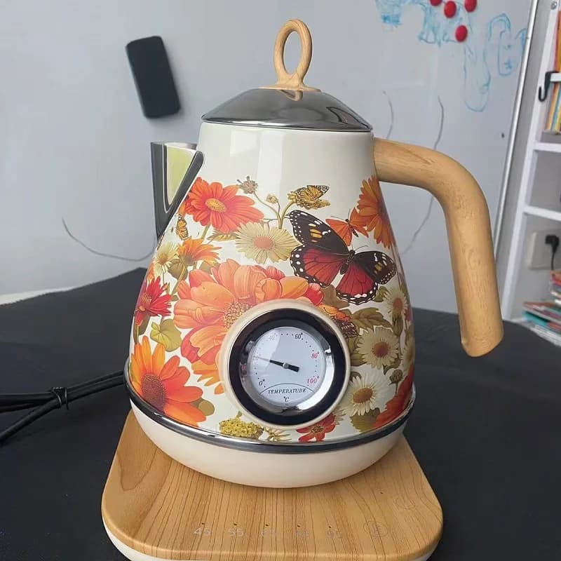 Electric kettle with descaling for retro paint from 1.7 litres Handle with wood veins Teapot with 304 stainless steel temperature control Automatic kettle to keep warm