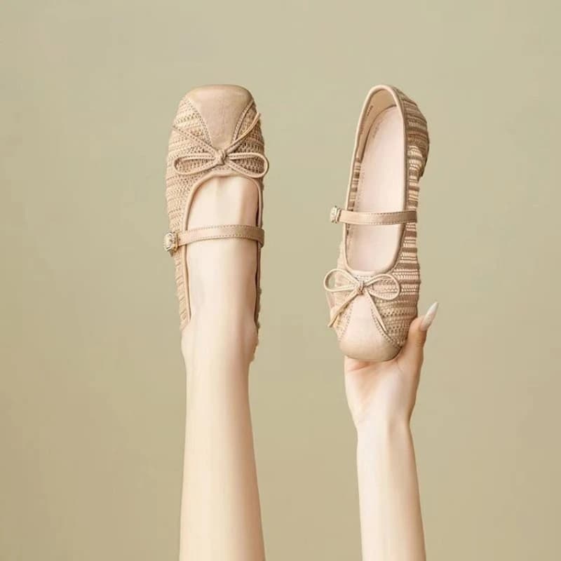 Women Mesh Mary Jane Flats Breathable Square Toe Comfort Walking Shoes French Minimalist Summer Ballet Slip On Footwear For Lady