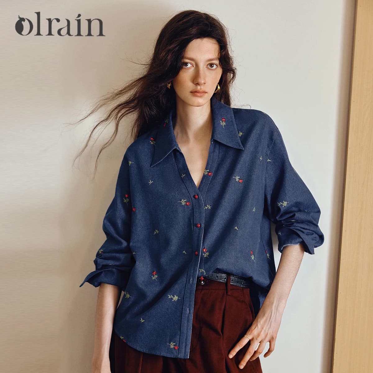 OLrain Giacca Camicia in Denim da Donna Primavera 2026 Vintage Floreale Ricamo 3D Manica Lunga Top in Denim Largo da Donna O57QC001682