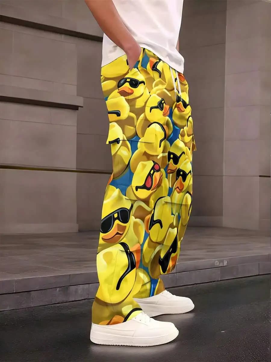 Pantaloni casual da uomo a gamba dritta con stampa di occhiali da sole a forma di anatra gialla e vita elastica con coulisse
