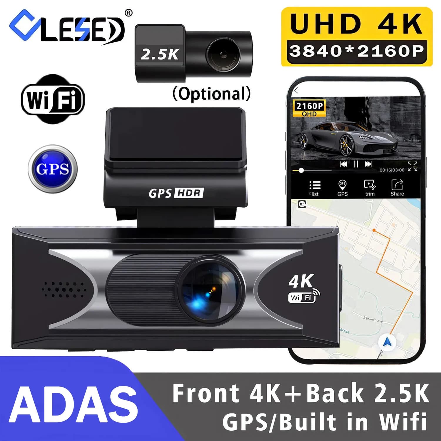 Dash Cam UHD3840 * 2160P 4K + 2.5K Dual Lens DVR for car with ADAS 5G WiFi GPS Dashcam Black Box Video Recorder HDR Night Vision