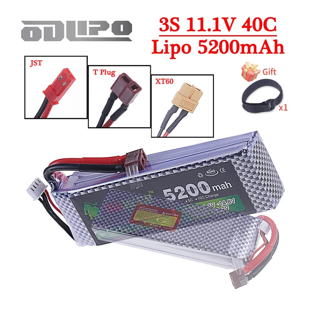 Batteria Lipo 3S 11.1V 5200mAh 40C per Giocattoli Elettrici RC, Barche, Auto, Quadricotteri, Droni, Aerei, Elicotteri con Connettori XT60, Deans, JST 11.1V