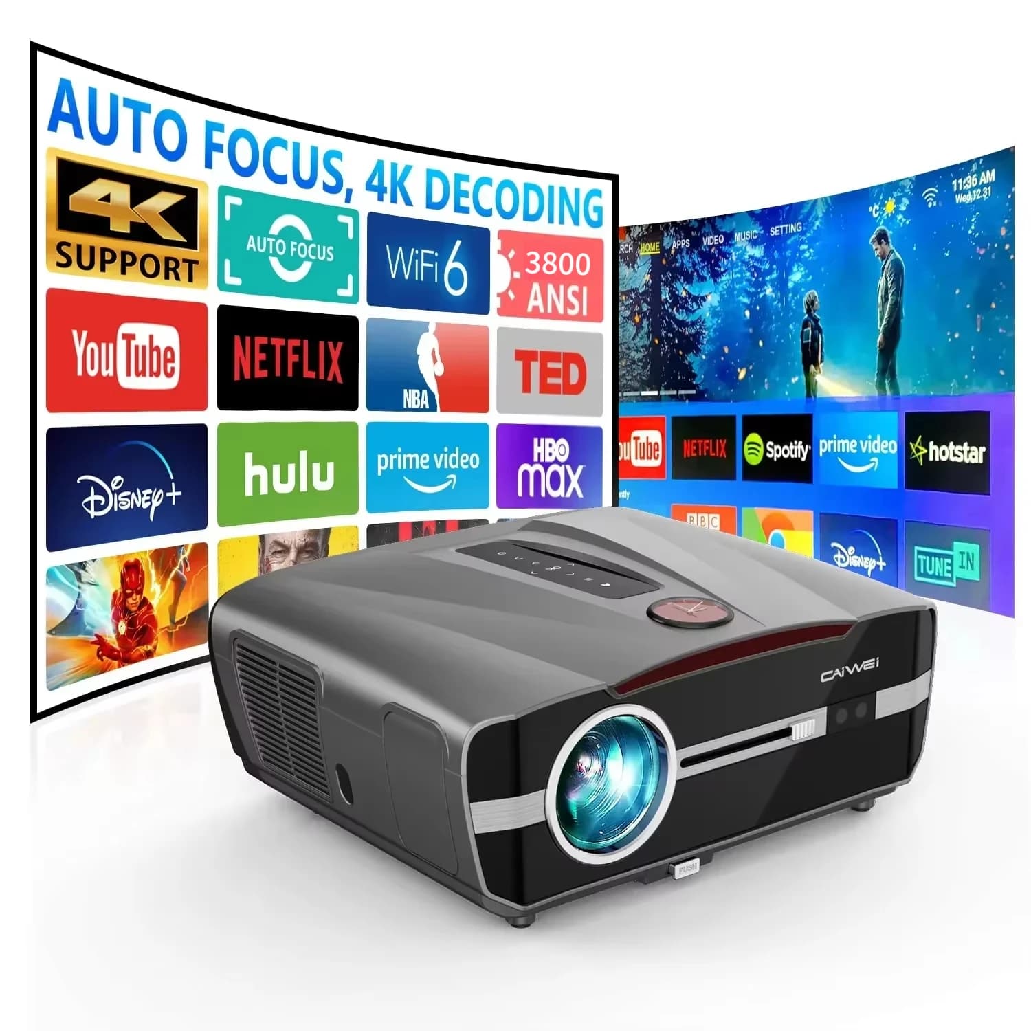 Proiettore 4K 3800 ANSI con Android TV, Autofocus, Correzione Keystone, Bluetooth, Wi-Fi per Home Theater, Film, Video e Uso Esterno