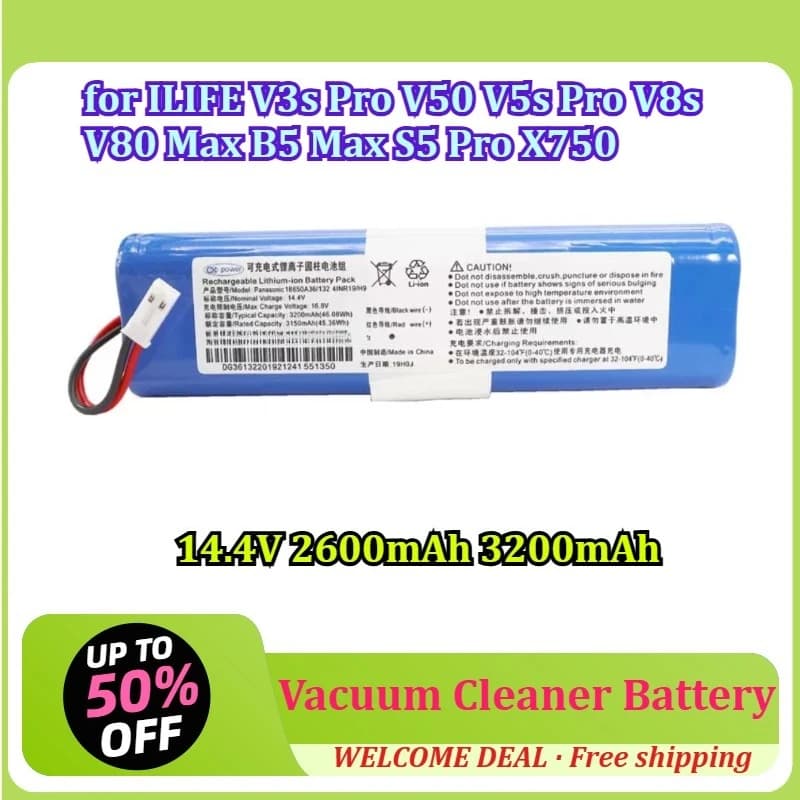 for ILIFE V3s Pro V50 V5s Pro V8s V80 Max B5 Max S5 Pro X750 14.4V 2600mAh 3200mAh Robot Vacuum Cleaner Battery Lithium Battery