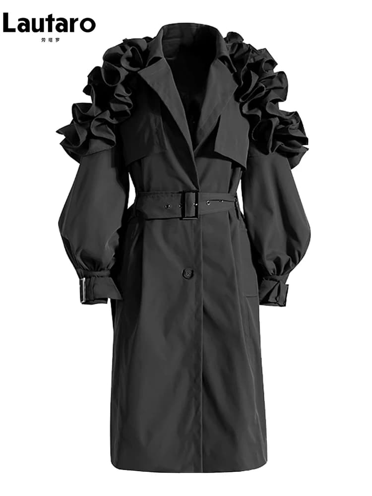 Lautaro Primavera Autunno Lungo Trench nero kaki per donna Cintura Elegante Chic Elegante Abiti firmati di lusso Pista di moda
