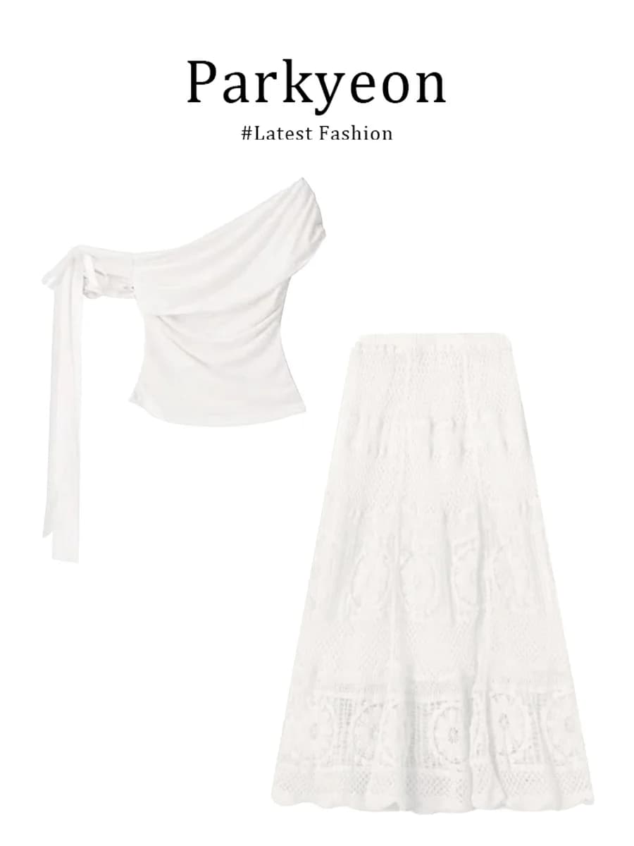 Parkyeon Top estivo in pizzo con collo all'americana e maniche corte e gonna, set in due pezzi, abbigliamento da donna elegante e alla moda di marca cinese