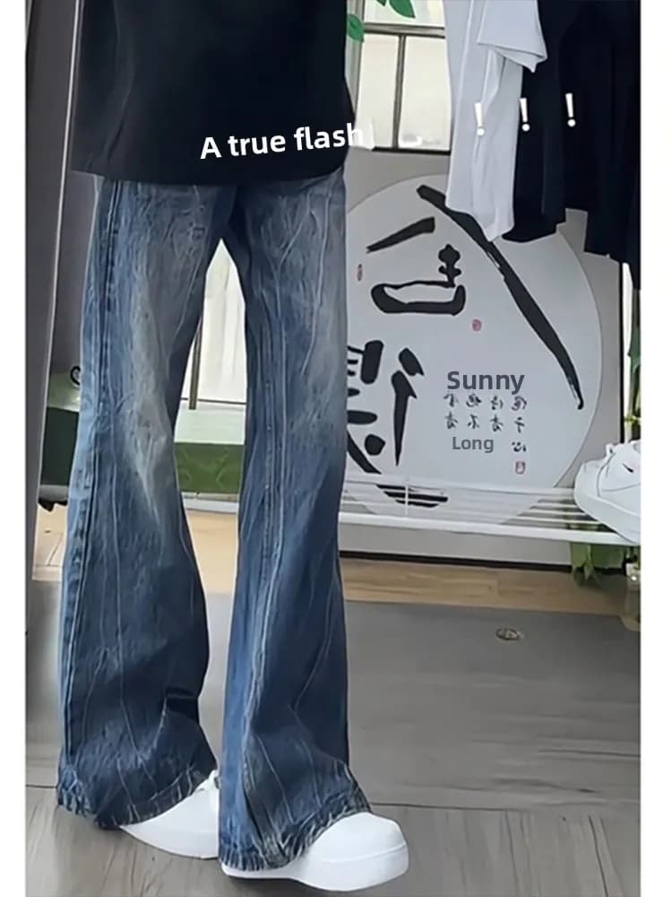 Jeans da donna a vita alta sottili estivi blu ghiaccio con motivo a fulmine, pantaloni a zampa in misto cotone poliestere, resistenti all'usura, lunghi
