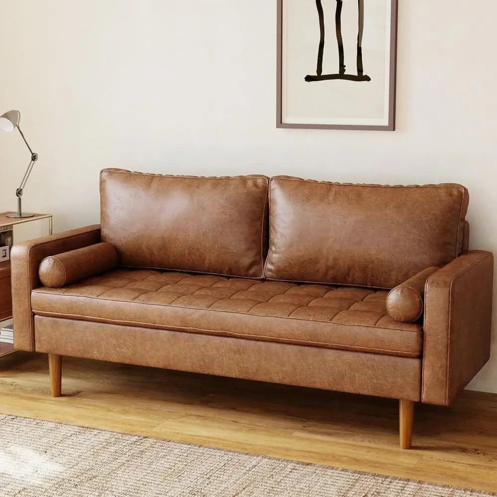 Divano a Due Posti, Stile Vintage Mid-Century, in Ecopelle con Struttura in Legno Massello, Seduta Profonda, 2 Cuscini per Soggiorno