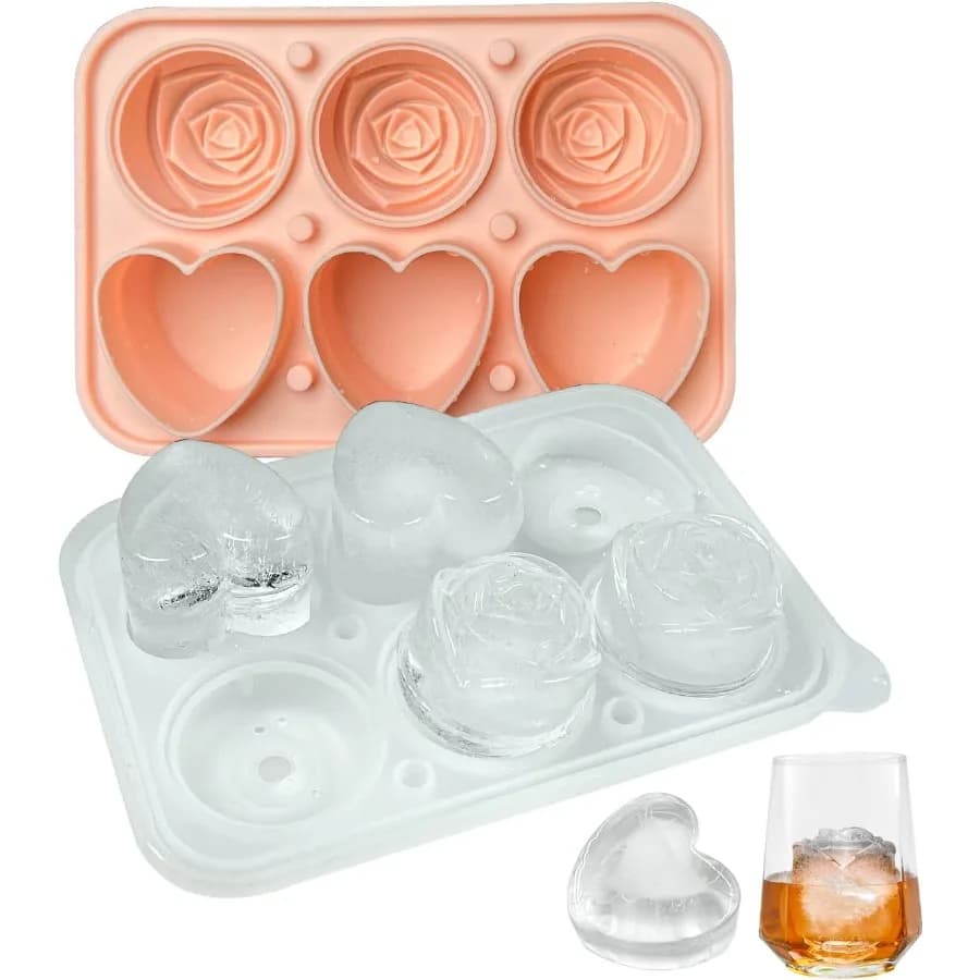 Stampo per cubetti di ghiaccio a forma di cuore Vassoio per cubetti di ghiaccio Stampo per ghiaccio in silicone Forme divertenti con coperchio trasparente a imbuto 3 cuori e 3 ghiaccioli di rosa