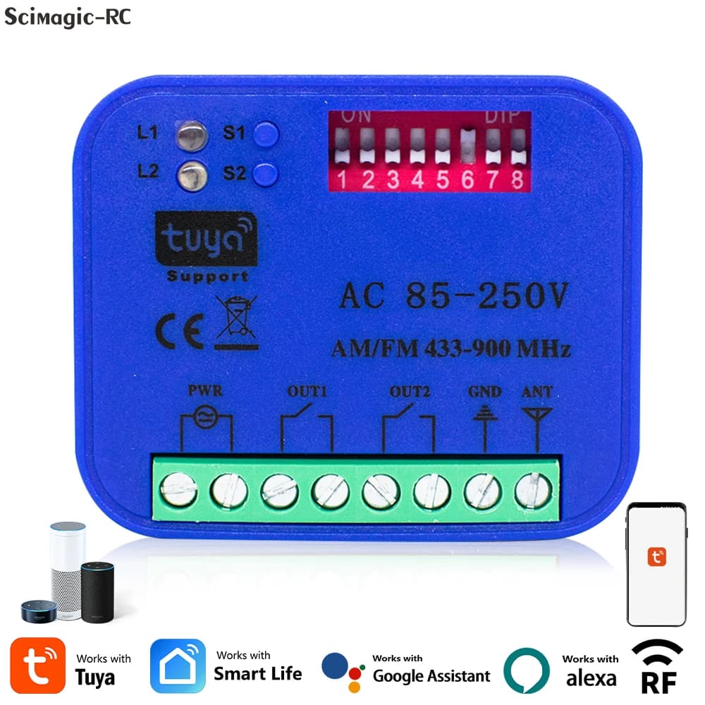 Telecomando WiFi 2CH 433-868MHz per Apriporta Garage, Controllo Remoto Tramite App Tuya Smartlife, Interruttore Smart On/Off, Ricevitore Compatibile con Alexa