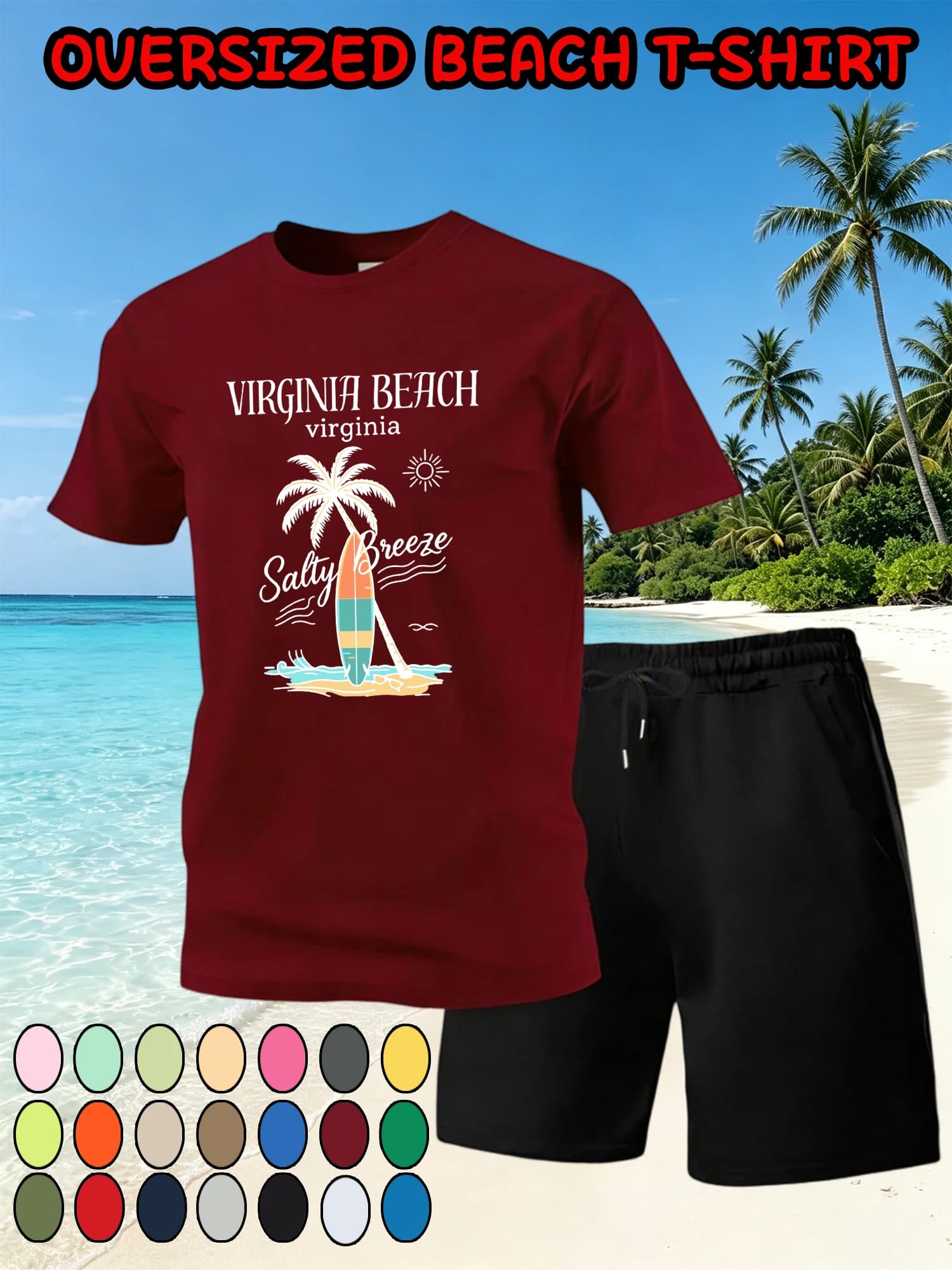 Beach Salty Breeze Surfing Print Man T-Shirt Set Cotton O-Neck T Shirt Wide-Leg Summer Shorts Loose Drawstring Black Pants